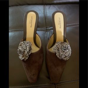 Beautiful chocolate suede bare back shoes